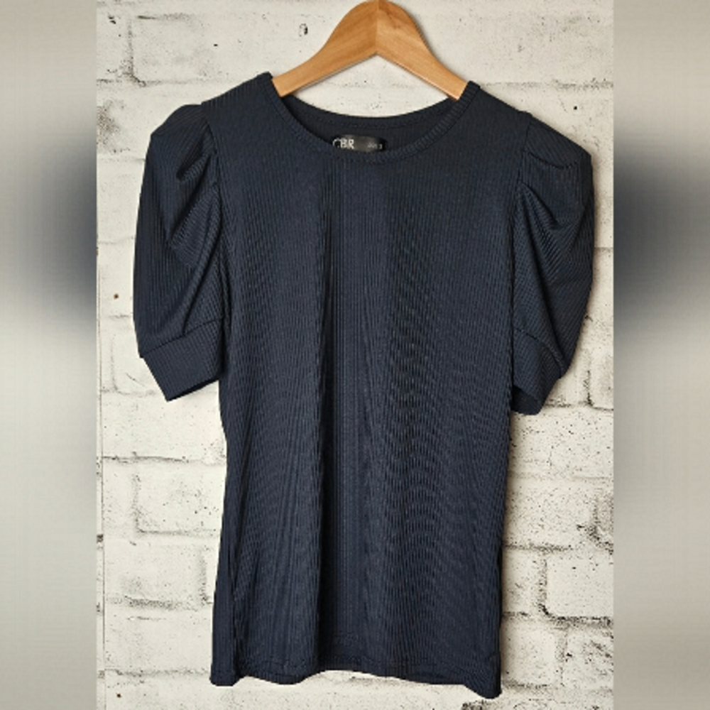 CBR Charcoal Grey Ribbed Puff Sleeve Top Minimalist Chic Blouse S